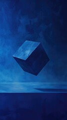 Suspended Geometric Cube in Blue Space
