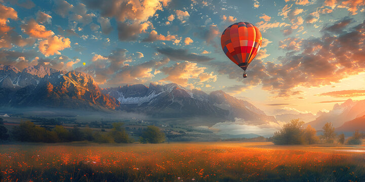 beautiful inspirational landscape with hot air balloon, generative ai