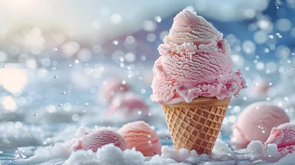 Fototapeten Capture the essence of summer in a delightful ice cream splash against a clean white backdrop, its creamy texture and vibrant colors creating a visual feast for the eyes and the soul © rai stone