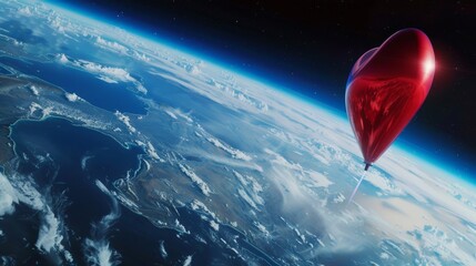 A red balloon is seen floating in the air above the earth. The balloon is bright red against the blue sky and white clouds. It appears to be drifting gently without any strings attached.