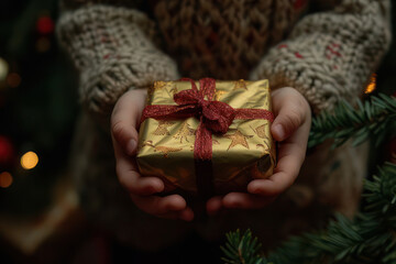A New Year's gift in the hands of a child. AI generated