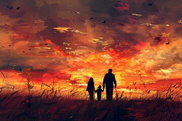 Family Silhouette Walking Towards Vibrant Sunset Sky, Christian Faith Concept Illustration, Digital Painting - obrazy, fototapety, plakaty