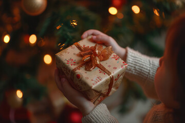 A New Year's gift in the hands of a child. AI generated