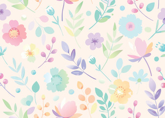 Seamless pattern with flowers and leaves in pastel colors.