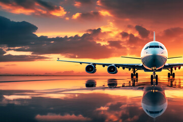 The plane stands against the backdrop of a beautiful sunset sky with clouds. Travel concept. - obrazy, fototapety, plakaty