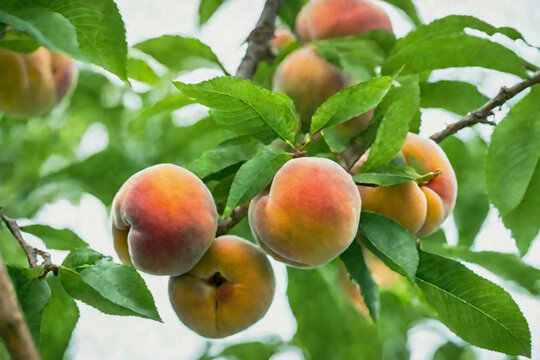 Ripe peaches on a branch with green leaves. Seasonal fruit harvest
