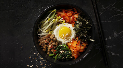 editorial photo, Korean food, bibimbap in a bowl - obrazy, fototapety, plakaty