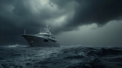 Luxurious yacht forges through stormy seas under a threatening grey sky. - obrazy, fototapety, plakaty