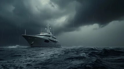 Fotobehang Luxurious yacht forges through stormy seas under a threatening grey sky. © VK Studio