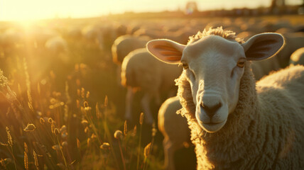 Serene sheep portrait bathed in golden hour light, amidst a pastoral scene.