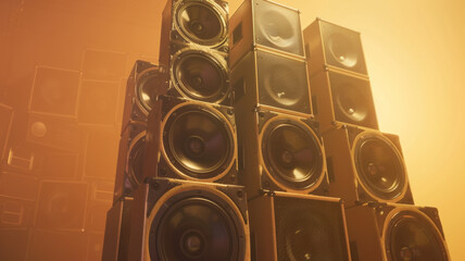 Towering stack of powerful speakers against a warm golden backdrop. - obrazy, fototapety, plakaty