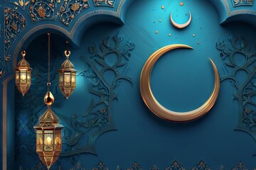 Luxurious Islamic Decoration Intricate 3D Illustration with Lantern and Crescent Moon, Ramadan Kareem Background