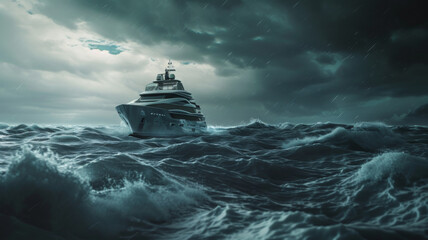 Luxury yacht braving a stormy sea under a dramatic dark sky.