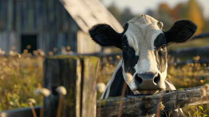 A serene cow gazes through a wooden fence in the golden light of rural morning.