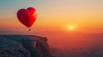 A red heart-shaped balloon is seen soaring above a rugged cliff, adding a pop of color to the rocky landscape.