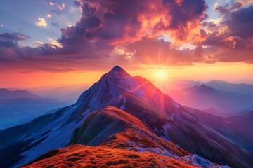 Fototapeta na wymiar Majestic Mountain Peak Bathed in Radiant Sunset Colors, Breathtaking Landscape Nature Photography Panorama