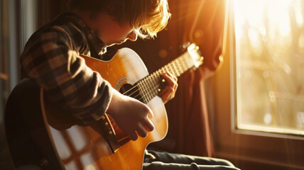 Child's musical journey begins with a soft sunset glow on his guitar. - obrazy, fototapety, plakaty