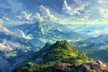 Majestic Mountain View A Breathtaking Landscape Illustration, Digital Painting