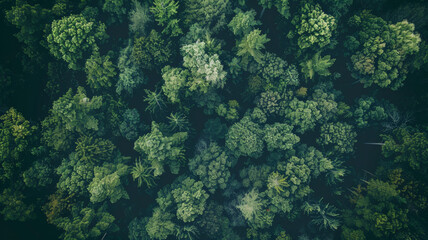 Fototapeta na wymiar Aerial perspective of a dense, vibrant forest encapsulating nature's serenity.