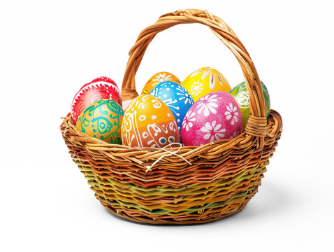 Multi-colored Easter eggs in a basket isolated on transparency background PNG