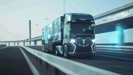 A futuristic semi-truck glides on the highway under a soft glow.