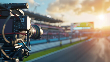 Professional video camera captures a sunset race at a motorsport track. - obrazy, fototapety, plakaty