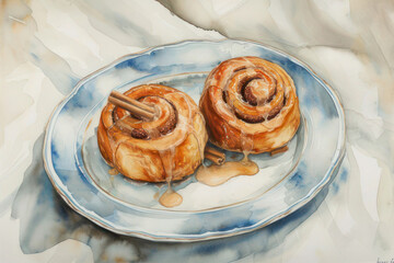 Watercolor illustration of cinnamon roll. AI Generated