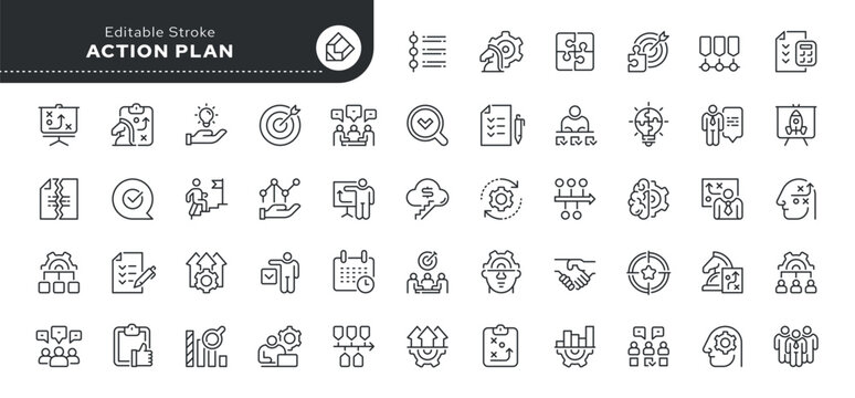 Set of line icons in linear style. Series - Action plan and planning. Outline icon collection. Conceptual pictogram and infographic.