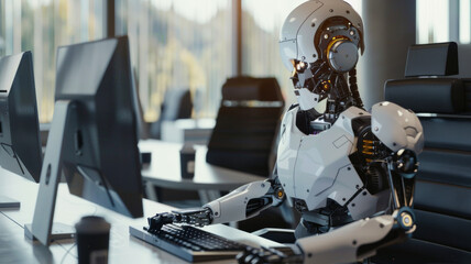 Fototapeta premium Advanced humanoid robot working at an office desk, future of automation.