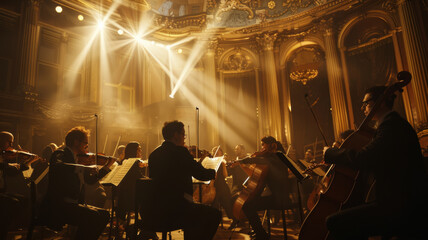 Musicians immersed in passion, playing in an orchestral performance bathed in golden light.