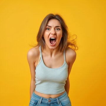 A young woman in casual clothing yells or expresses surprise, standing against a vivid yellow backdrop.