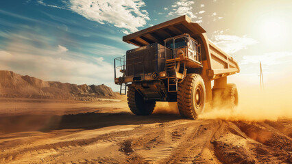 Heavy-duty mining truck in action at a dusty construction site, capturing the essence of industrial might.
