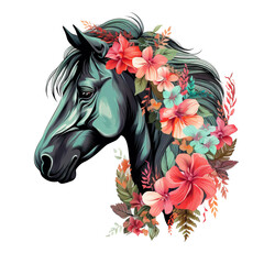 Colorful horse head and tropical flowers painting on a clean background. Png for Sublimation Printing, Wild Animals, Illustration, Generative AI.