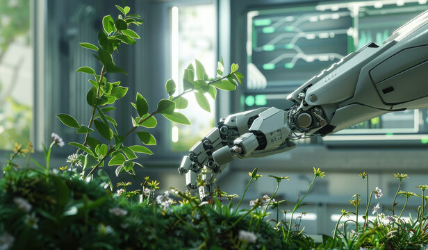 The scene conveys artificial intelligence's connection towards nature