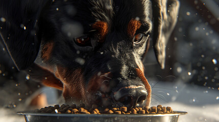a Rottweiler eating kibble from a dog bowl