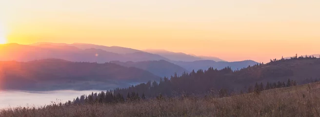 Zelfklevend Fotobehang Majestic autumn scenery of foggy valley at Carpathian mountain range at early morning sunrise. Beautiful tonal perspective wide angle panorama. © stone36