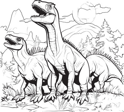 Jurassic Juxtaposition Line Art Coloring Pages Vector Logo with Dinosaurs Brontosaurus Brushstrokes Vector Design for Dinosaur Line Art Coloring Pages