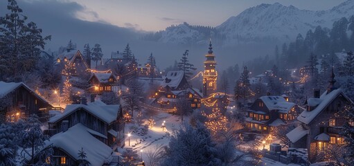 Serene twilight over snowy village with prominent central tower