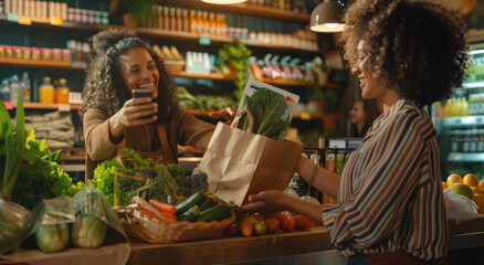 A happy customer with a paper bag full of vegetables is paying at the market counter using their credit card to make an online cashless payment