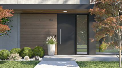 Modern elegance meets nature: a stylish home entrance with warm woods and green accents.