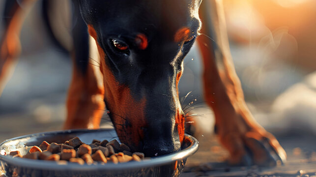 the anticipation of mealtime with a hyperrealistic image of a Doberman Pinscher eating kibble from a dog bowl.