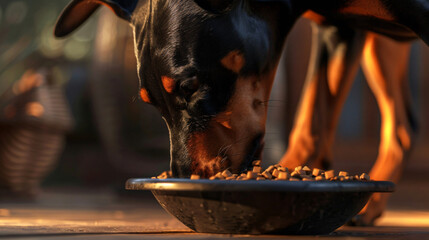 the anticipation of mealtime with a hyperrealistic image of a Doberman Pinscher eating kibble from...