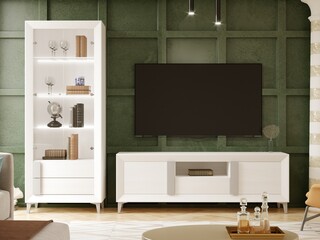 Modern living room interior design with minimalist trend furniture, vintage style, augmented reality, mockup,
