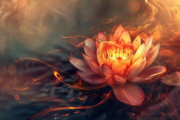 Serene depiction of a divine lotus flower, blossoming with ethereal light and symbolizing spiritual awakening - obrazy, fototapety, plakaty