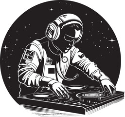 Fototapeta na wymiar Celestial Spin DJ Astronaut Vector Graphics for Space Dancefloors Supernova Sound Vector Design with DJ Astronaut Icon for Stellar Jams