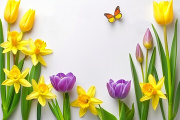 Spring Awakening: Vibrant Tulips and Daffodils with a Butterfly. Easter Celebration and Mother's Day Background with Spring Flowers