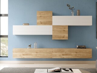 Modern living room interior design with minimalist trend furniture, vintage style, augmented reality, mockup,