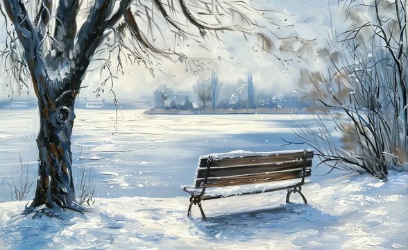 Serene Snow-Covered Park Bench by Frozen Lake, Winter Landscape Painting