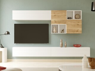 Modern living room interior design with minimalist trend furniture, vintage style, augmented reality, mockup,