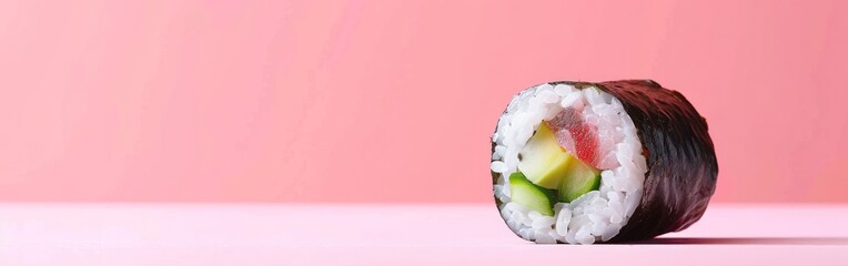 A close-up of a piece of sushi placed on a vibrant pink background